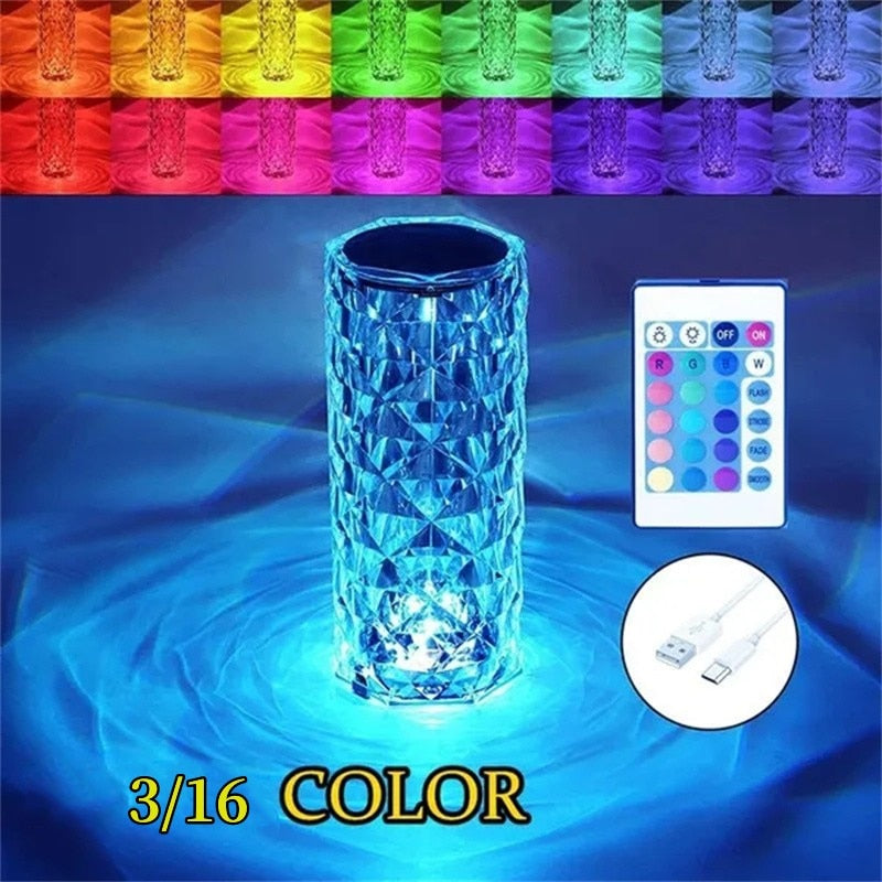 3/16 Colors LED Rose Light Projector Crystal Table Lamp